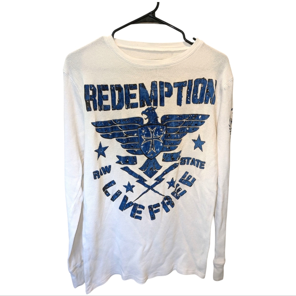 Raw State Redemption Thermal Shirt White Long Sleeve Eagle Cross Waffle Y2K L